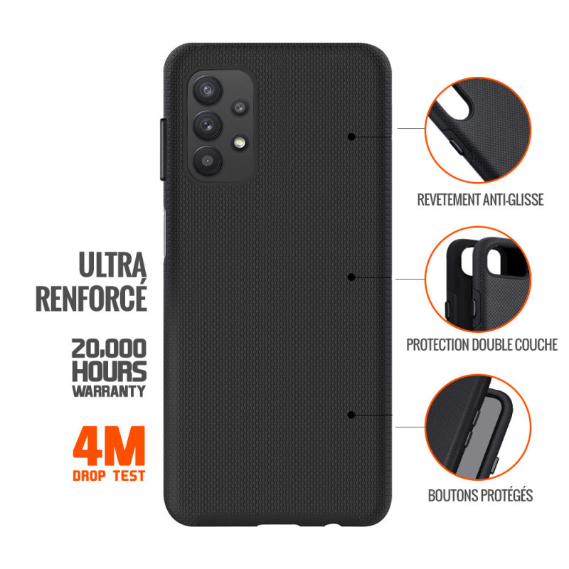 Coque rigide noire ultra-renforcée polycarbonate drop-test 4 mètres pour Samsung Galaxy A32 5G - EIGER®